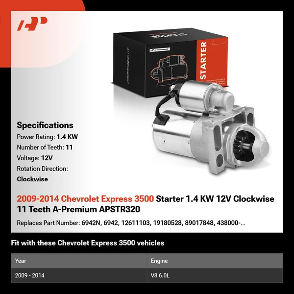 2009-2014 Chevrolet Express 3500 Starter 1.4 KW 12V Clockwise 11 Teeth A-Premium APSTR320