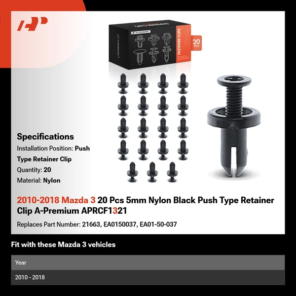 2010-2018 Mazda 3 20 Pcs 5mm Nylon Black Push Type Retainer Clip A-Premium APRCF1321