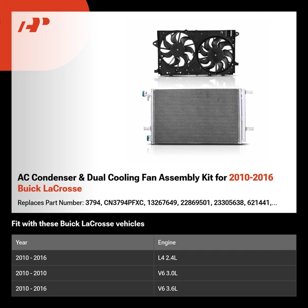 AC Condenser & Dual Cooling Fan Assembly Kit for 2010-2016 Buick LaCrosse