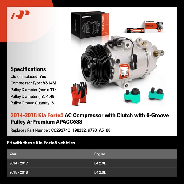 2014-2018 Kia Forte5 AC Compressor with Clutch with 6-Groove Pulley A-Premium APACC633