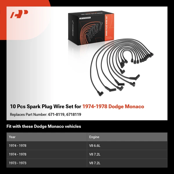 10 Pcs Spark Plug Wire Set for 1974-1978 Dodge Monaco