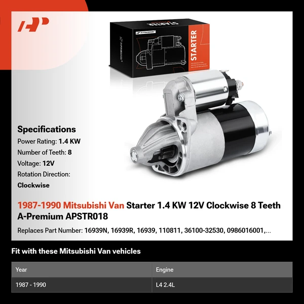 1987-1990 Mitsubishi Van Starter 1.4 KW 12V Clockwise 8 Teeth A-Premium APSTR018