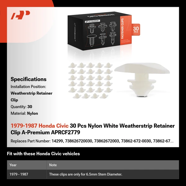 1979-1987 Honda Civic 30 Pcs Nylon White Weatherstrip Retainer Clip A-Premium APRCF2779
