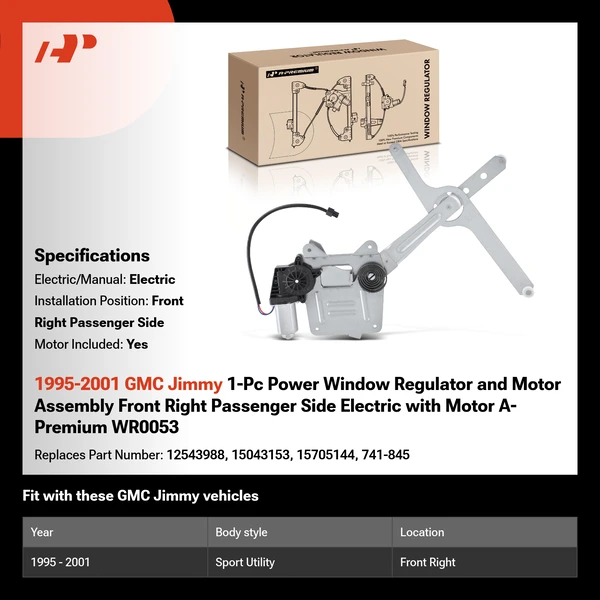 1995-2001 GMC Jimmy 1-Pc Power Window Regulator and Motor Assembly Front Right Passenger Side Electric with Motor A-Premium WR0053