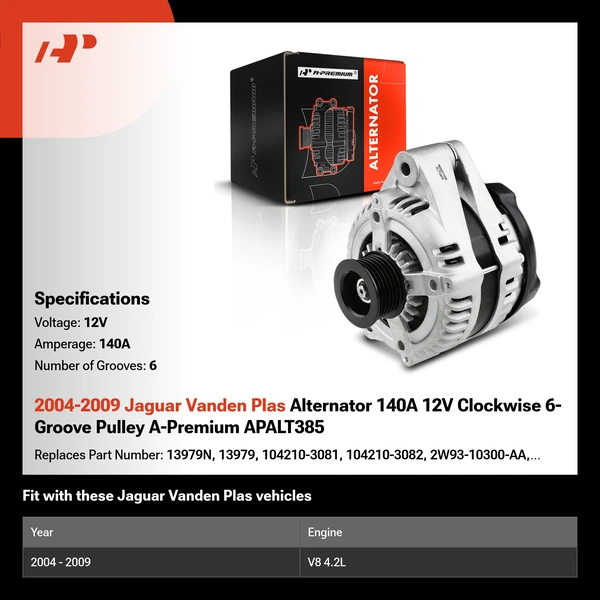 2004-2009 Jaguar Vanden Plas Alternator 140A 12V Clockwise 6-Groove Pulley A-Premium APALT385