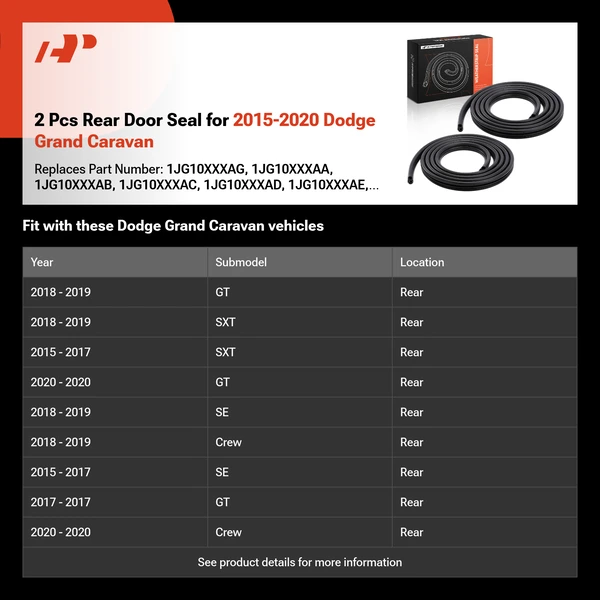 2 Pcs Rear Door Seal for 2015-2020 Dodge Grand Caravan