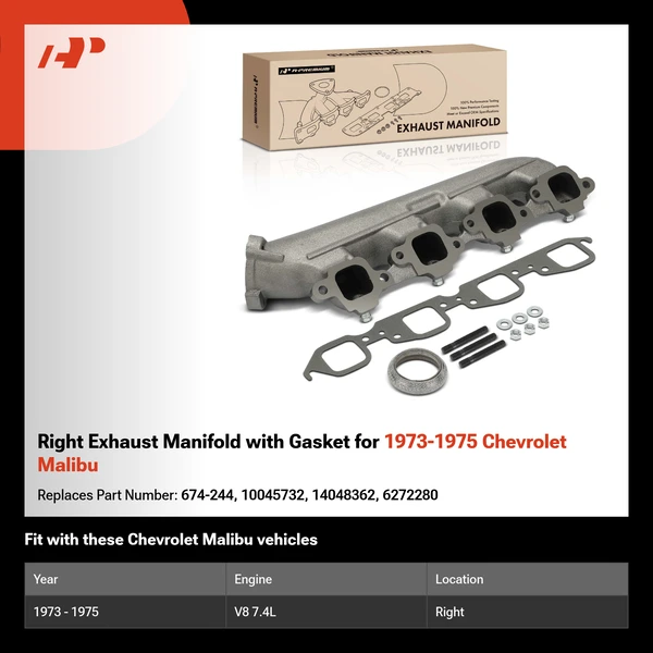 Right Exhaust Manifold with Gasket for 1973-1975 Chevrolet Malibu