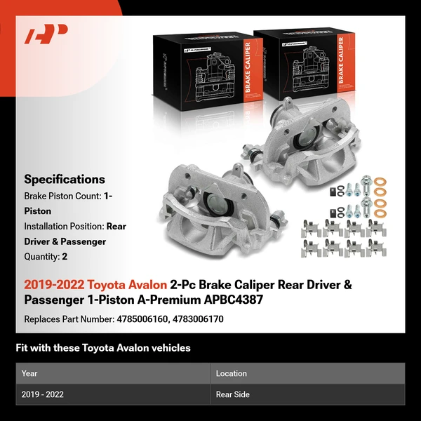2019-2022 Toyota Avalon 2-Pc Brake Caliper Rear Driver & Passenger 1-Piston A-Premium APBC4387