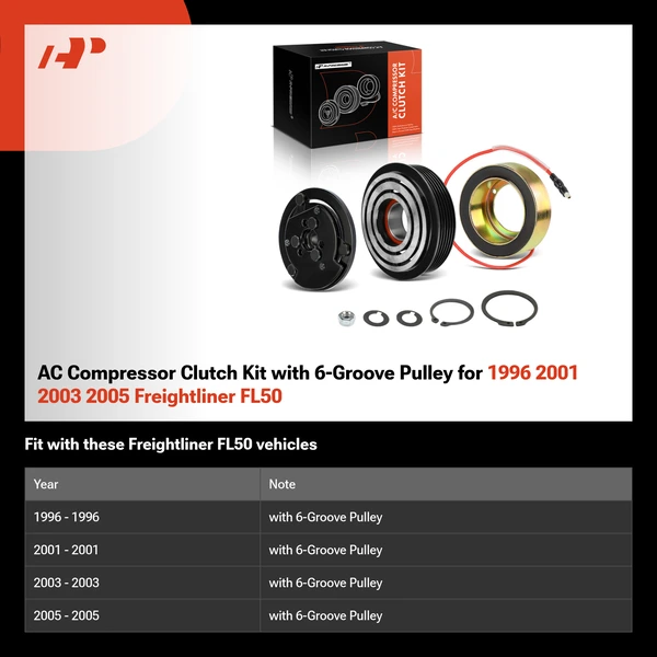 AC Compressor Clutch Kit with 6-Groove Pulley for 1996 2001 2003 2005 Freightliner FL50