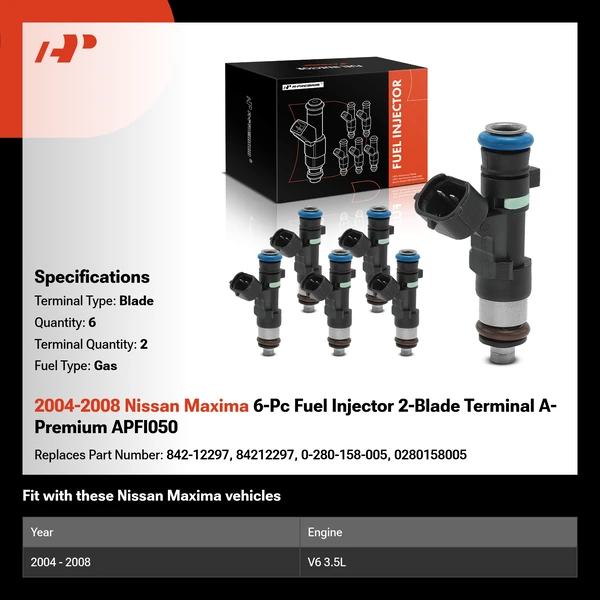 2004-2008 Nissan Maxima 6-Pc Fuel Injector 2-Blade Terminal A-Premium APFI050