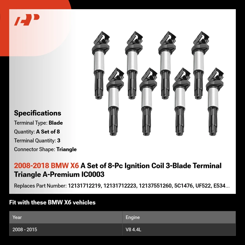 2008-2018 BMW X6 A Set of 8-Pc Ignition Coil 3-Blade Terminal Triangle A-Premium IC0003