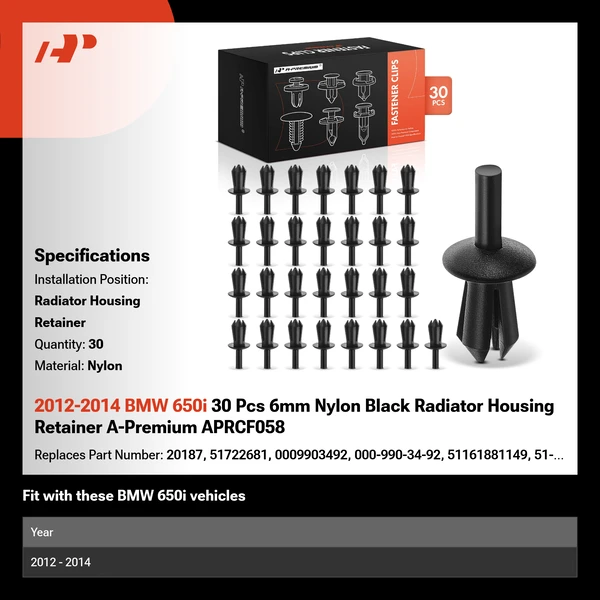 2012-2014 BMW 650i 30 Pcs 6mm Nylon Black Radiator Housing Retainer A-Premium APRCF058