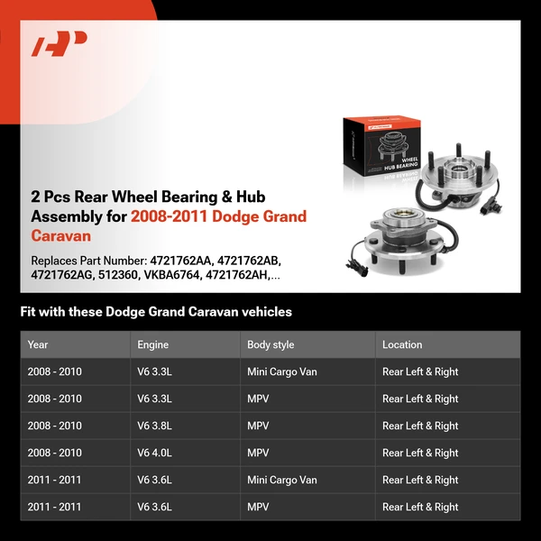 2 Pcs Rear Wheel Bearing & Hub Assembly for 2008-2011 Dodge Grand Caravan
