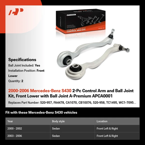 2000-2006 Mercedes-Benz S430 2-Pc Control Arm and Ball Joint Kit, Front Lower with Ball Joint A-Premium APCA0001