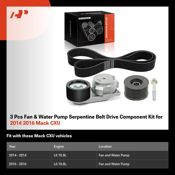 3 Pcs Fan & Water Pump Serpentine Belt Drive Component Kit for 2014 2016 Mack CXU