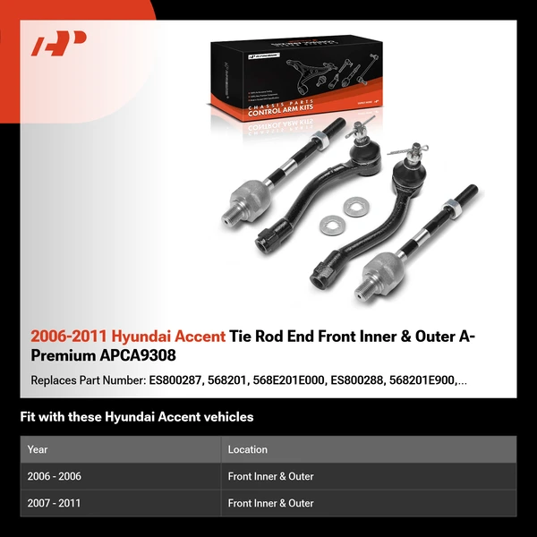 2006-2011 Hyundai Accent Tie Rod End Front Inner & Outer A-Premium APCA9308