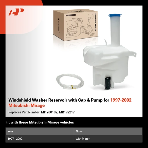 Windshield Washer Reservoir with Cap & Pump for 1997-2002 Mitsubishi Mirage