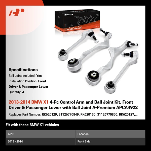 2013-2014 BMW X1 4-Pc Control Arm and Ball Joint Kit, Front Driver & Passenger Lower with Ball Joint A-Premium APCA4922
