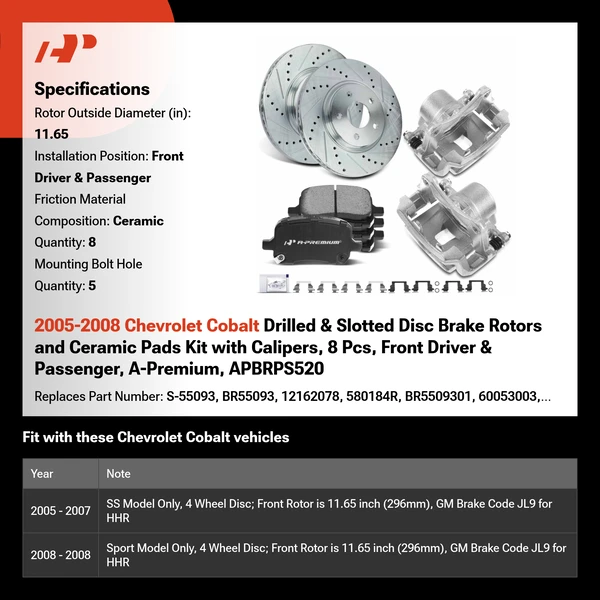 2005-2008 Chevrolet Cobalt Drilled & Slotted Disc Brake Rotors and Ceramic Pads Kit with Calipers, 8 Pcs, Front Driver & Passenger, A-Premium, APBRPS520