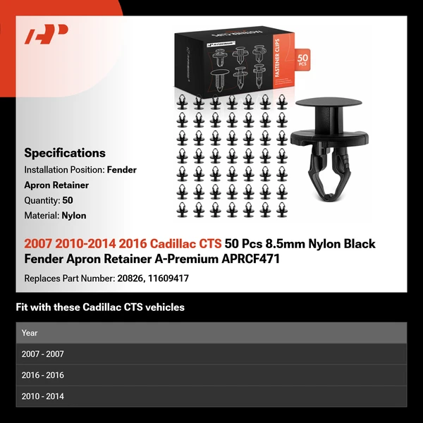 2007 2010-2014 2016 Cadillac CTS 50 Pcs 8.5mm Nylon Black Fender Apron Retainer A-Premium APRCF471