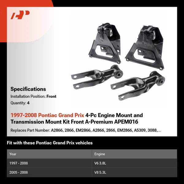 1997-2008 Pontiac Grand Prix 4-Pc Engine Mount and Transmission Mount Kit Front A-Premium APEM016