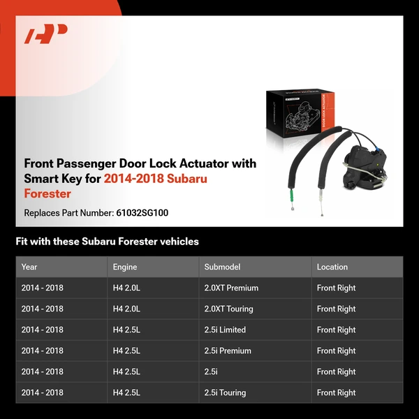 Front Passenger Door Lock Actuator with Smart Key for 2014-2018 Subaru Forester