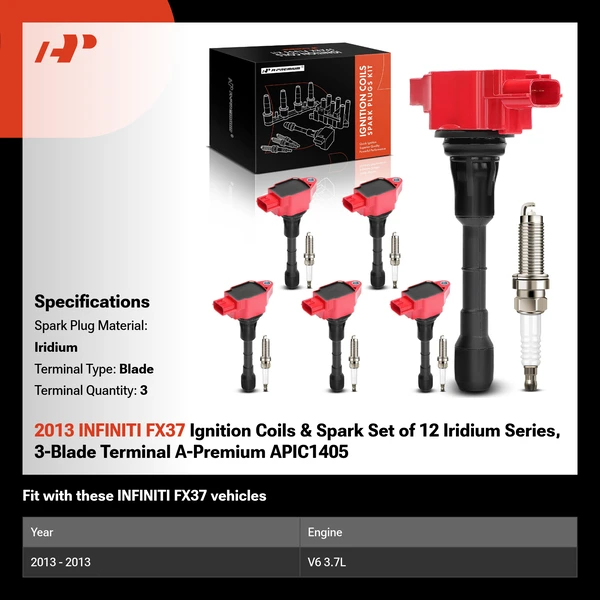 2013 INFINITI FX37 Ignition Coils & Spark Set of 12 Iridium Series, 3-Blade Terminal A-Premium APIC1405