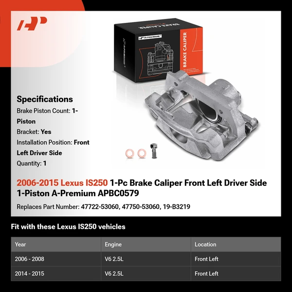 2006-2015 Lexus IS250 1-Pc Brake Caliper Front Left Driver Side 1-Piston A-Premium APBC0579