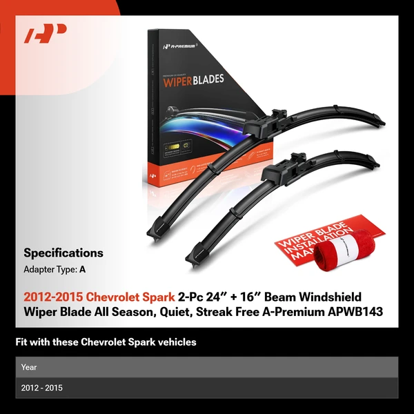 2012-2015 Chevrolet Spark 2-Pc 24″ + 16″ Beam Windshield Wiper Blade All Season, Quiet, Streak Free A-Premium APWB143