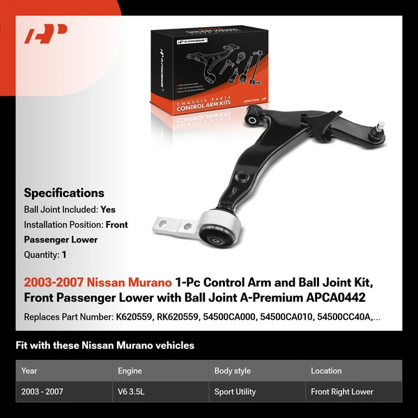 2003-2007 Nissan Murano 1-Pc Control Arm and Ball Joint Kit, Front Passenger Lower with Ball Joint A-Premium APCA0442