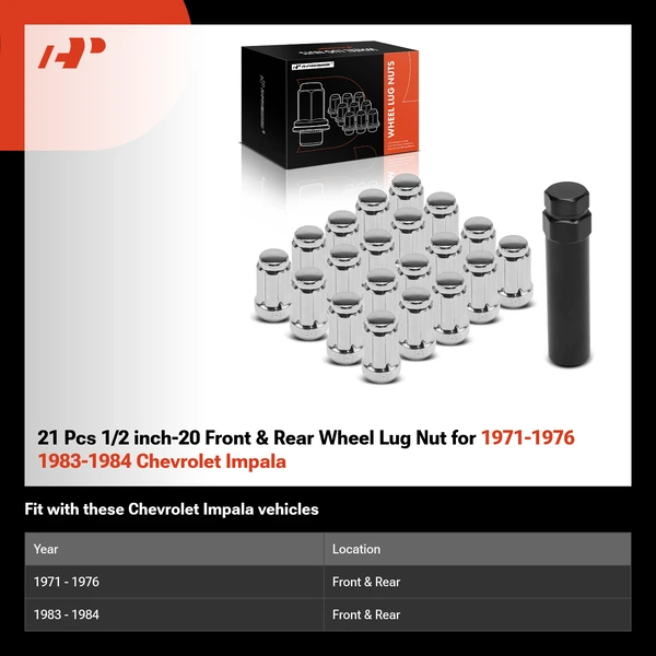 21 Pcs 1/2 inch-20 Front & Rear Wheel Lug Nut for 1971-1976 1983-1984 Chevrolet Impala