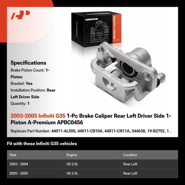 2003-2005 Infiniti G35 1-Pc Brake Caliper Rear Left Driver Side 1-Piston A-Premium APBC0456