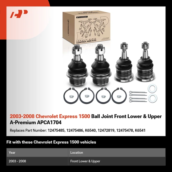 2003-2008 Chevrolet Express 1500 Ball Joint Front Lower & Upper A-Premium APCA1704