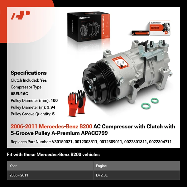 2006-2011 Mercedes-Benz B200 AC Compressor with Clutch with 5-Groove Pulley A-Premium APACC799