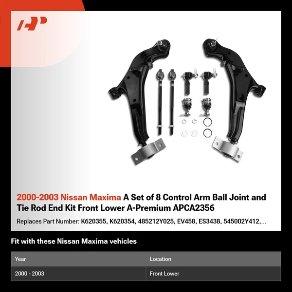 2000-2003 Nissan Maxima A Set of 8 Control Arm Ball Joint and Tie Rod End Kit Front Lower A-Premium APCA2356