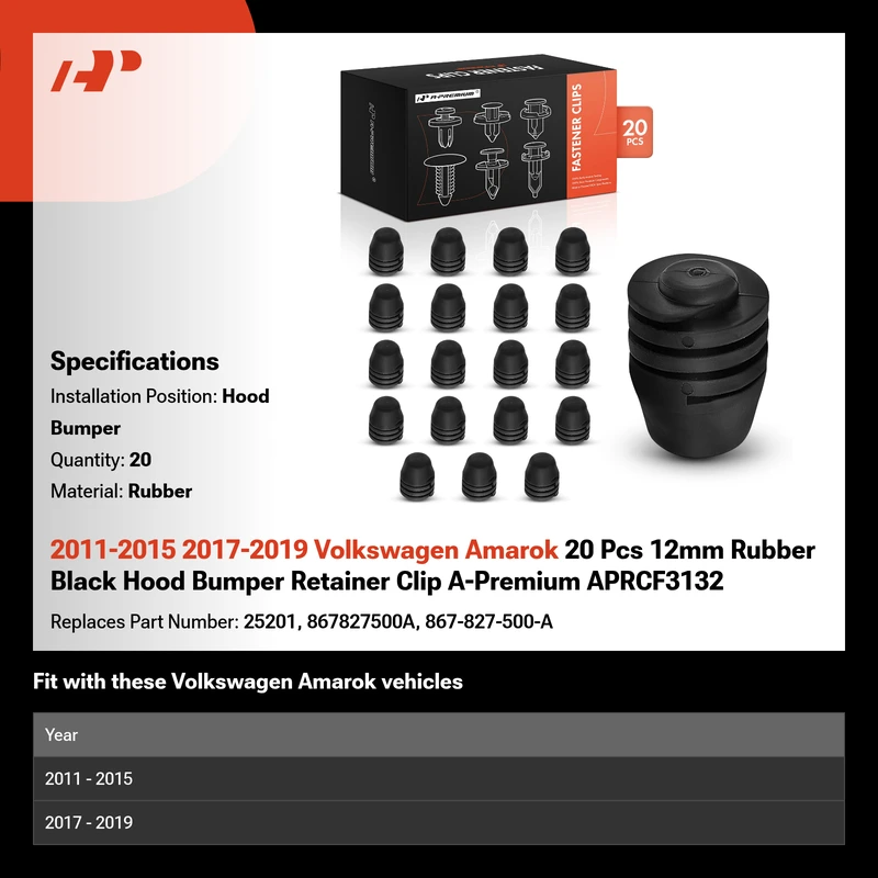 2011-2015 2017-2019 Volkswagen Amarok 20 Pcs 12mm Rubber Black Hood Bumper Retainer Clip A-Premium APRCF3132
