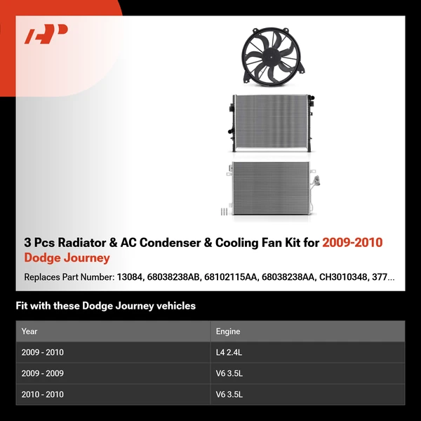 3 Pcs Radiator & AC Condenser & Cooling Fan Kit for 2009-2010 Dodge Journey