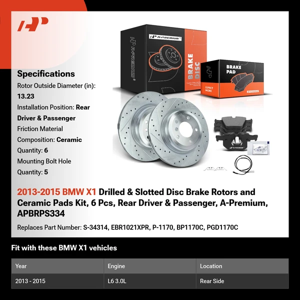 2013-2015 BMW X1 Drilled & Slotted Disc Brake Rotors and Ceramic Pads Kit, 6 Pcs, Rear Driver & Passenger, A-Premium, APBRPS334
