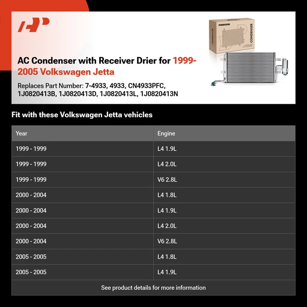 AC Condenser with Receiver Drier for 1999-2005 Volkswagen Jetta