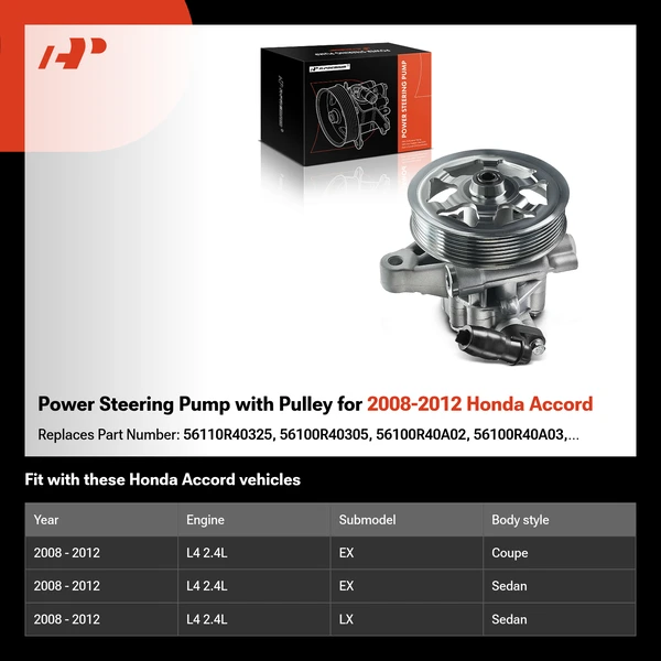Power Steering Pump with Pulley for 2008-2012 Honda Accord
