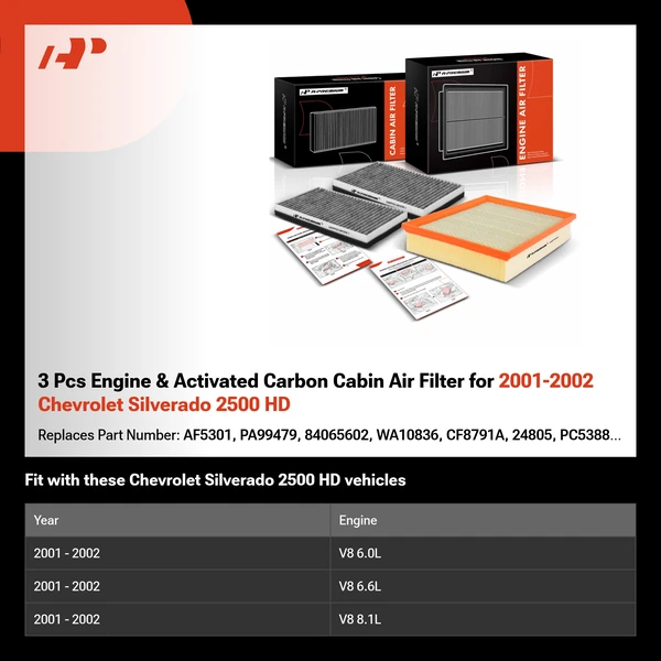 3 Pcs Engine & Activated Carbon Cabin Air Filter for 2001-2002 Chevrolet Silverado 2500 HD