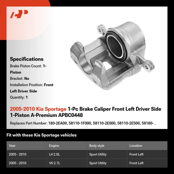 2005-2010 Kia Sportage 1-Pc Brake Caliper Front Left Driver Side 1-Piston A-Premium APBC0448