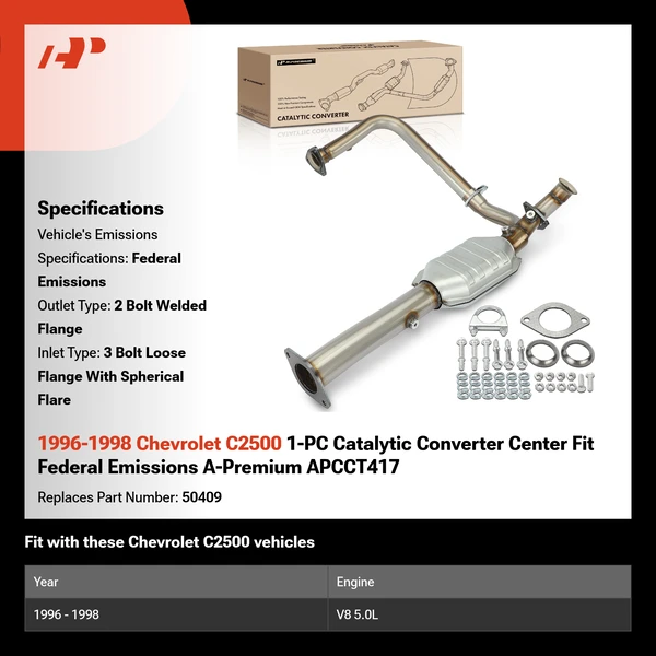 1996-1998 Chevrolet C2500 1-PC Catalytic Converter Center Fit Federal Emissions A-Premium APCCT417