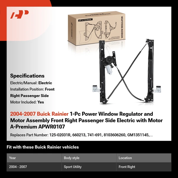 2004-2007 Buick Rainier 1-Pc Power Window Regulator and Motor Assembly Front Right Passenger Side Electric with Motor A-Premium APWR0107