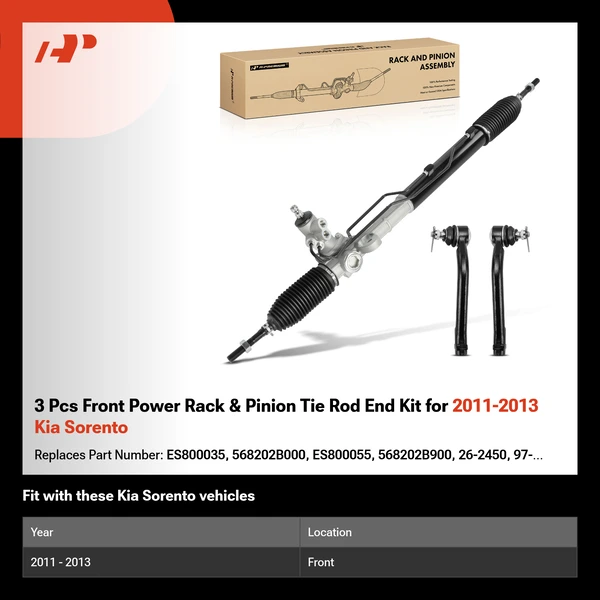 3 Pcs Front Power Rack & Pinion Tie Rod End Kit for 2011-2013 Kia Sorento