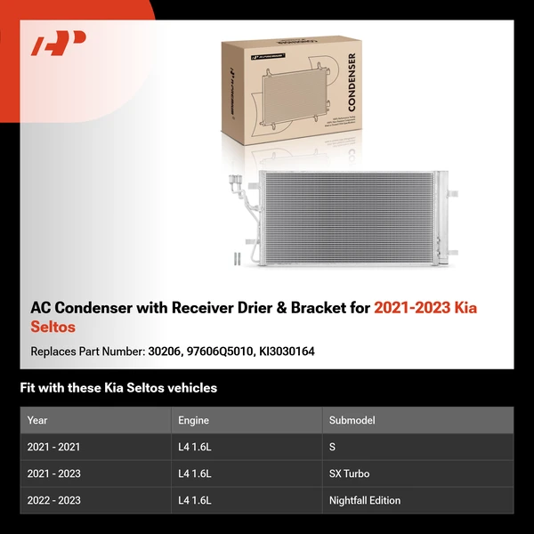 AC Condenser with Receiver Drier & Bracket for 2021-2023 Kia Seltos