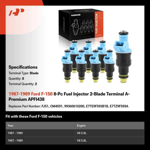 1987-1989 Ford F-150 8-Pc Fuel Injector 2-Blade Terminal A-Premium APFI438