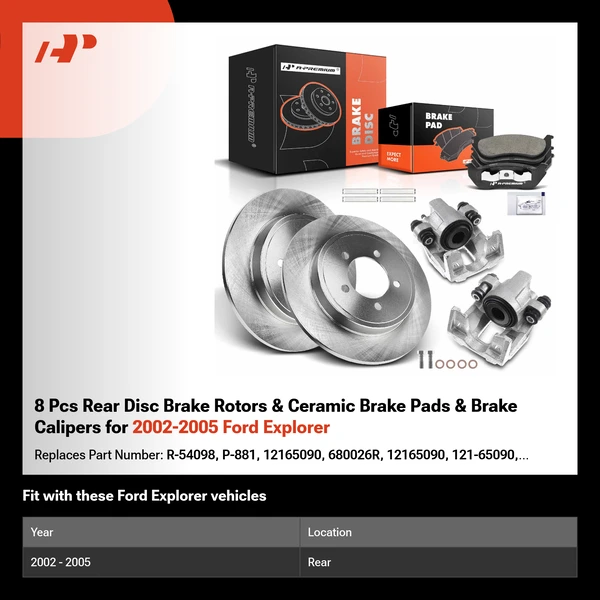 8 Pcs Rear Disc Brake Rotors & Ceramic Brake Pads & Brake Calipers for 2002-2005 Ford Explorer
