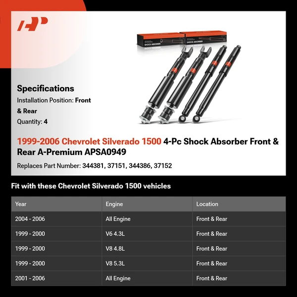 1999-2006 Chevrolet Silverado 1500 4-Pc Shock Absorber Front & Rear A-Premium APSA0949
