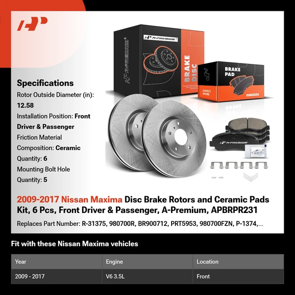 2009-2017 Nissan Maxima Disc Brake Rotors and Ceramic Pads Kit, 6 Pcs, Front Driver & Passenger, A-Premium, APBRPR231